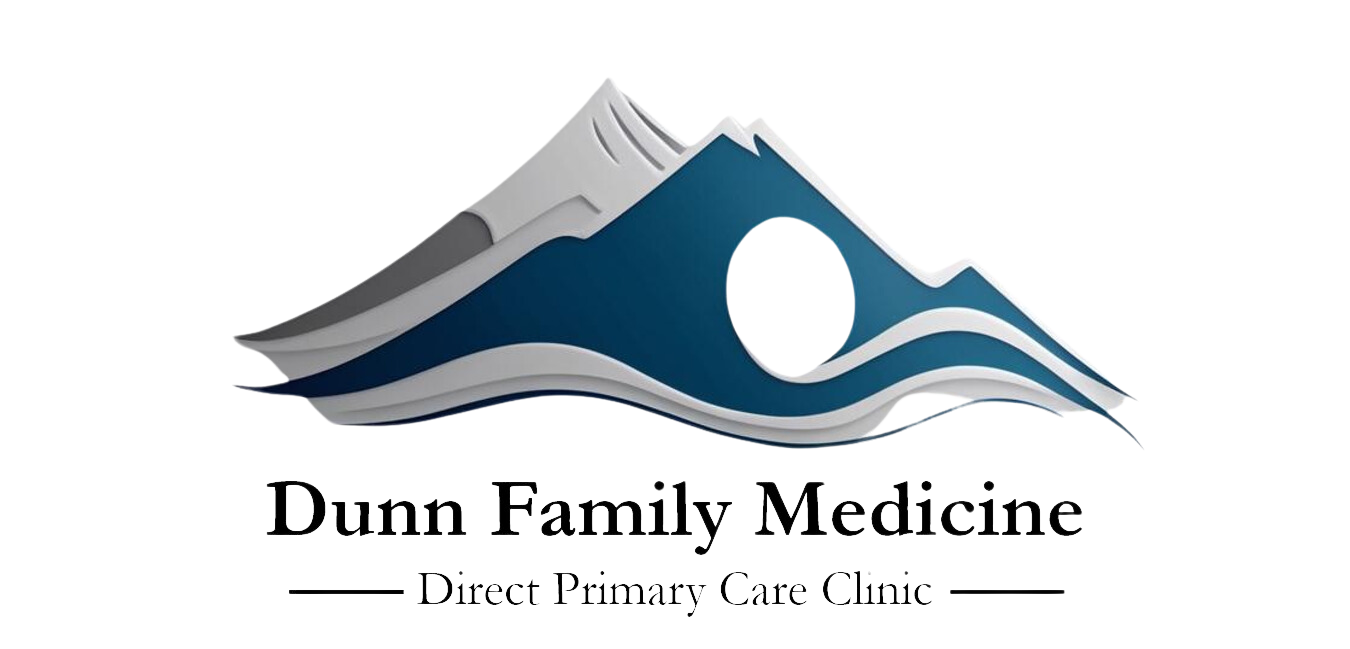 Stylized logo of Dunn Family Medicine with a green mountain and blue wave in front