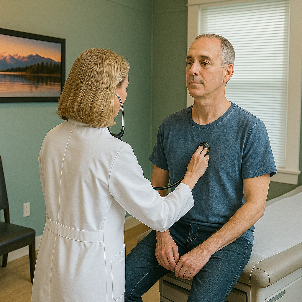 Physician assessing a patient in a clinic room